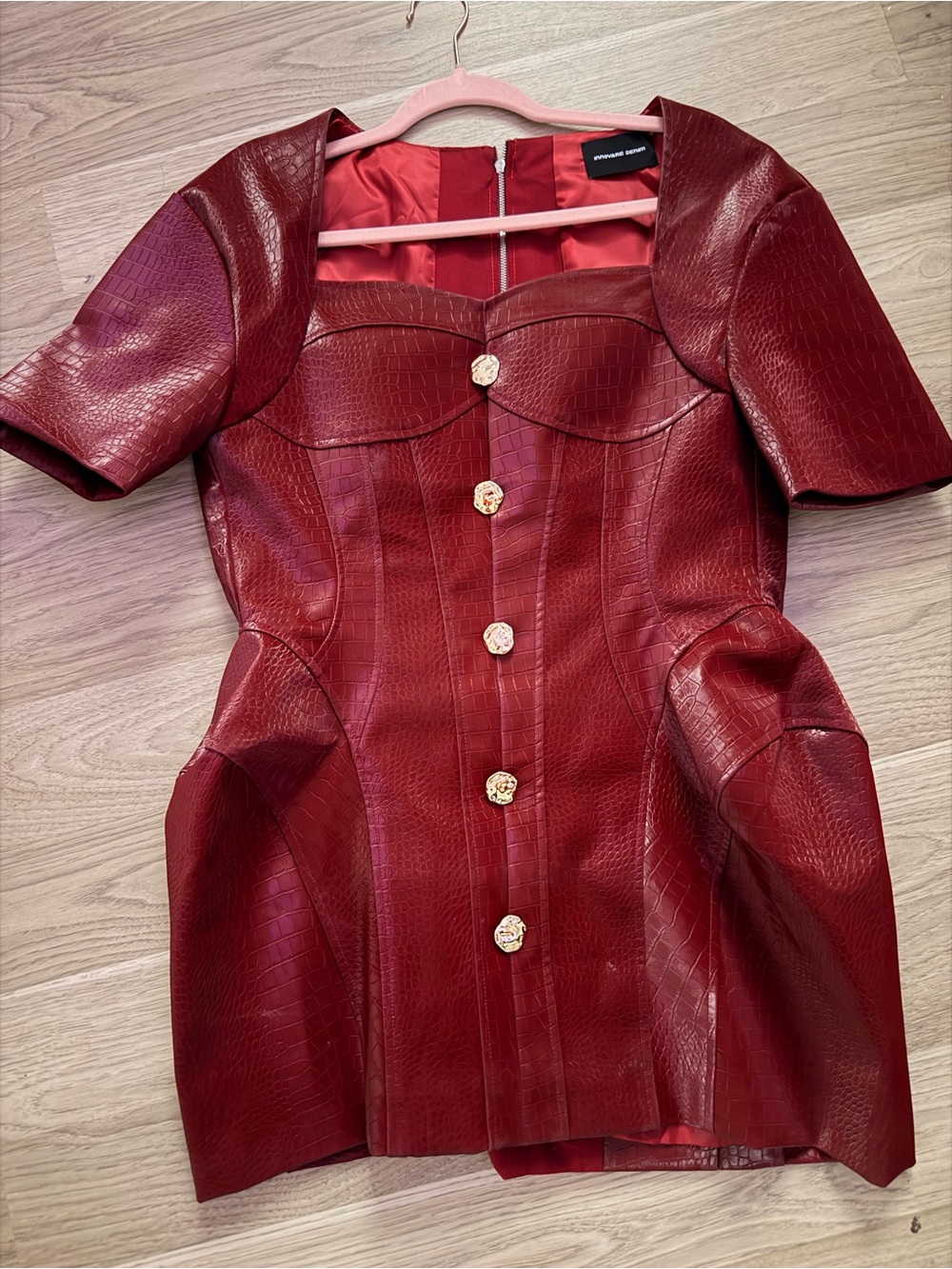 Halo Innovations Red Faux-Leather Mini Dress with Gold Buttons